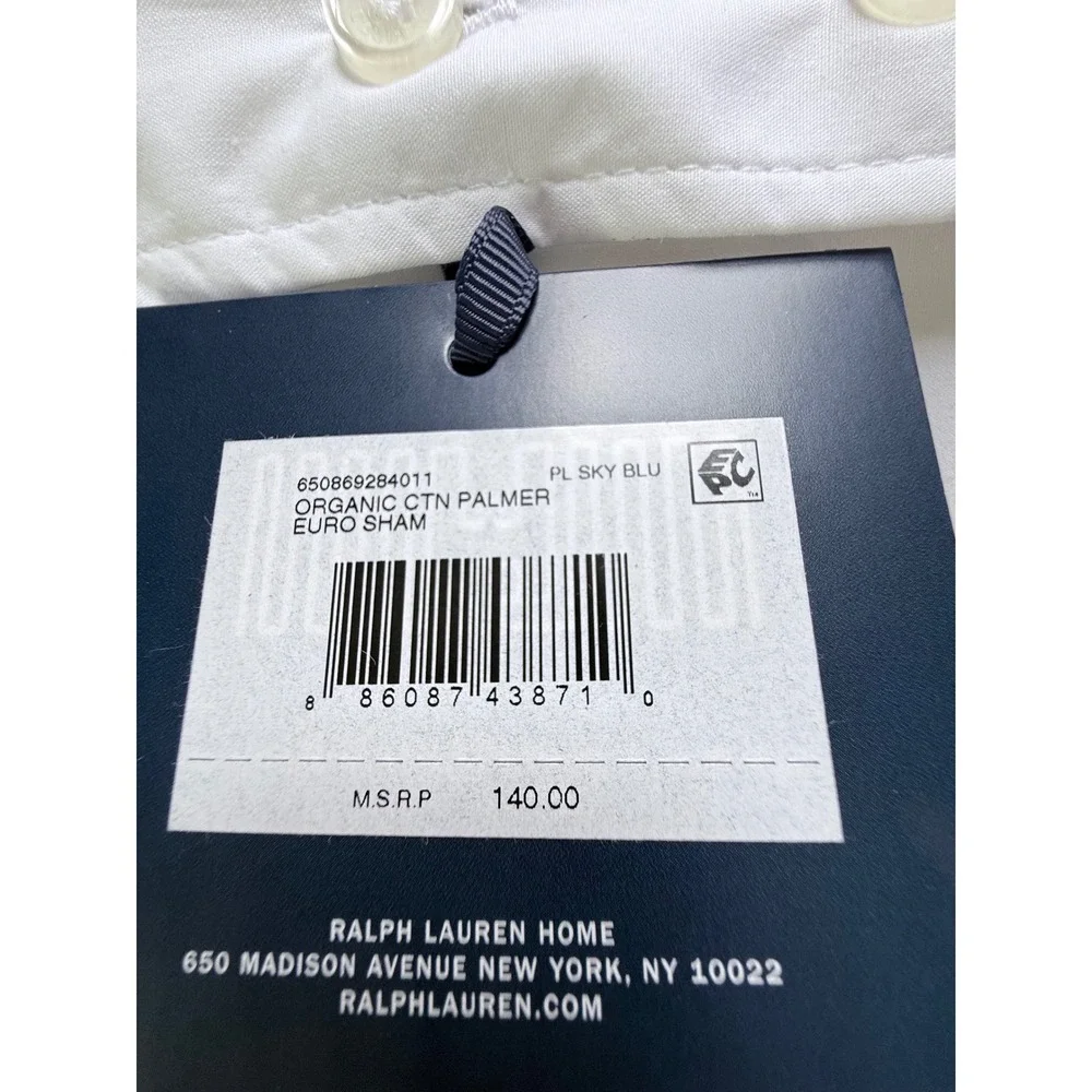 Ralph Lauren Palmer Percale‎ European Sham Organic Cotton Sky Blue White NWT